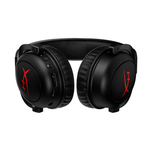 View from above of the HyperX Cloud II Core Wireless Gaming Headset, focusing on the onboard controls and charging port