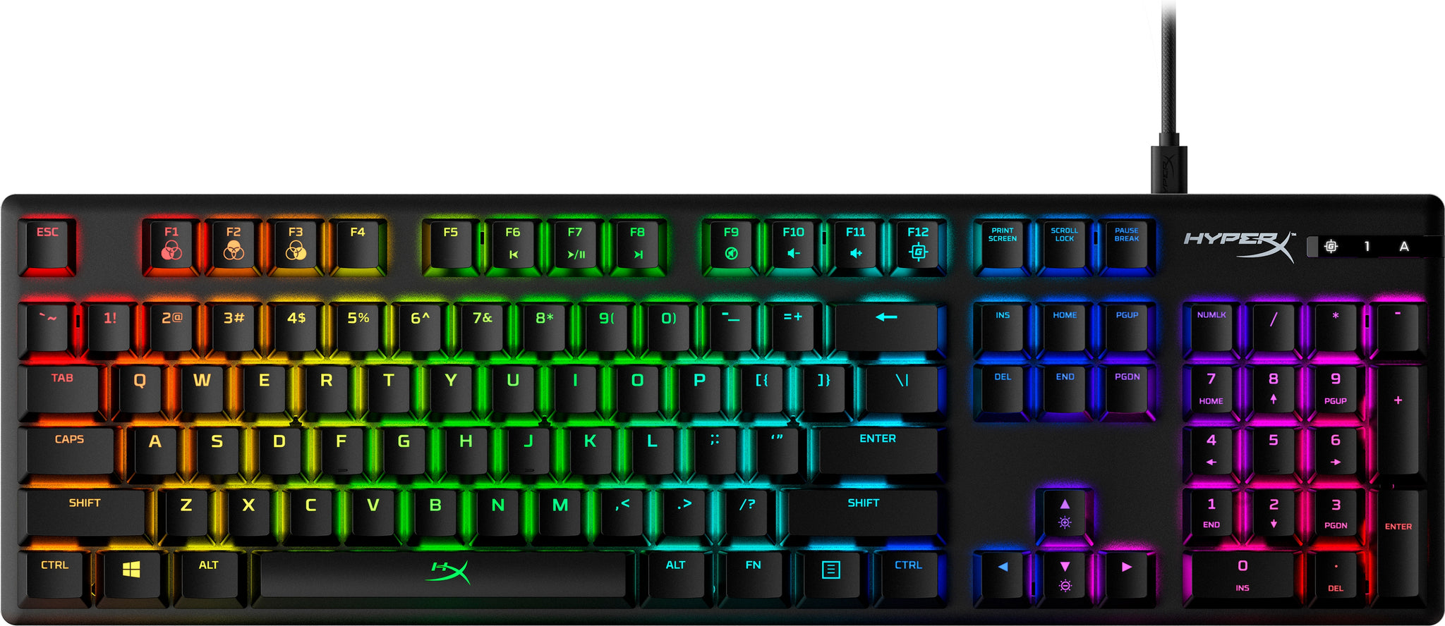 Front view of the HyperX Alloy Origins Gaming Keyboard featuring RGB Lighting