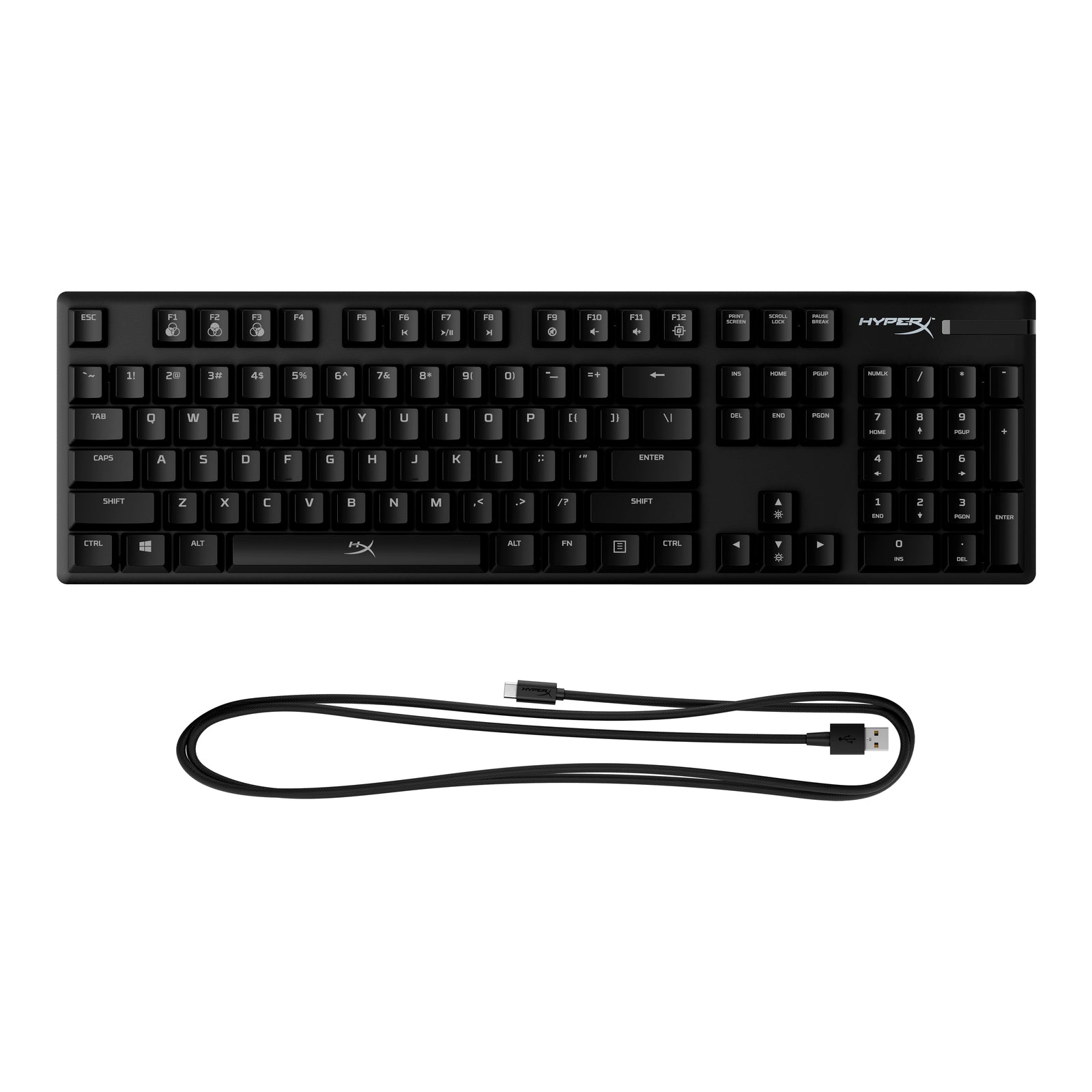Front facing view of HyperX Alloy Origins mechanical gaming keyboard displaying the cable