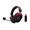 HyperX Cloud II wireless gaming headset displaying detachable noise cancelling microphone and USB Wireless Adapter