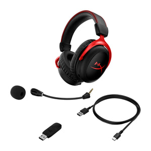 HyperX Cloud II wireless gaming headset displaying detachable mic, charging cable and USB adapter