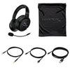 HyperX Cloud Orbit S gaming headset displaying bag, detachable noice cancelling microphone and 3 detachable cables for multi-device compatability