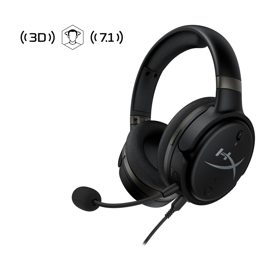 HyperX Cloud Orbit S gaming headset displaying the front left hand side featuring the detachable noise cancelling microphone and displaying the 3D Audio Logo