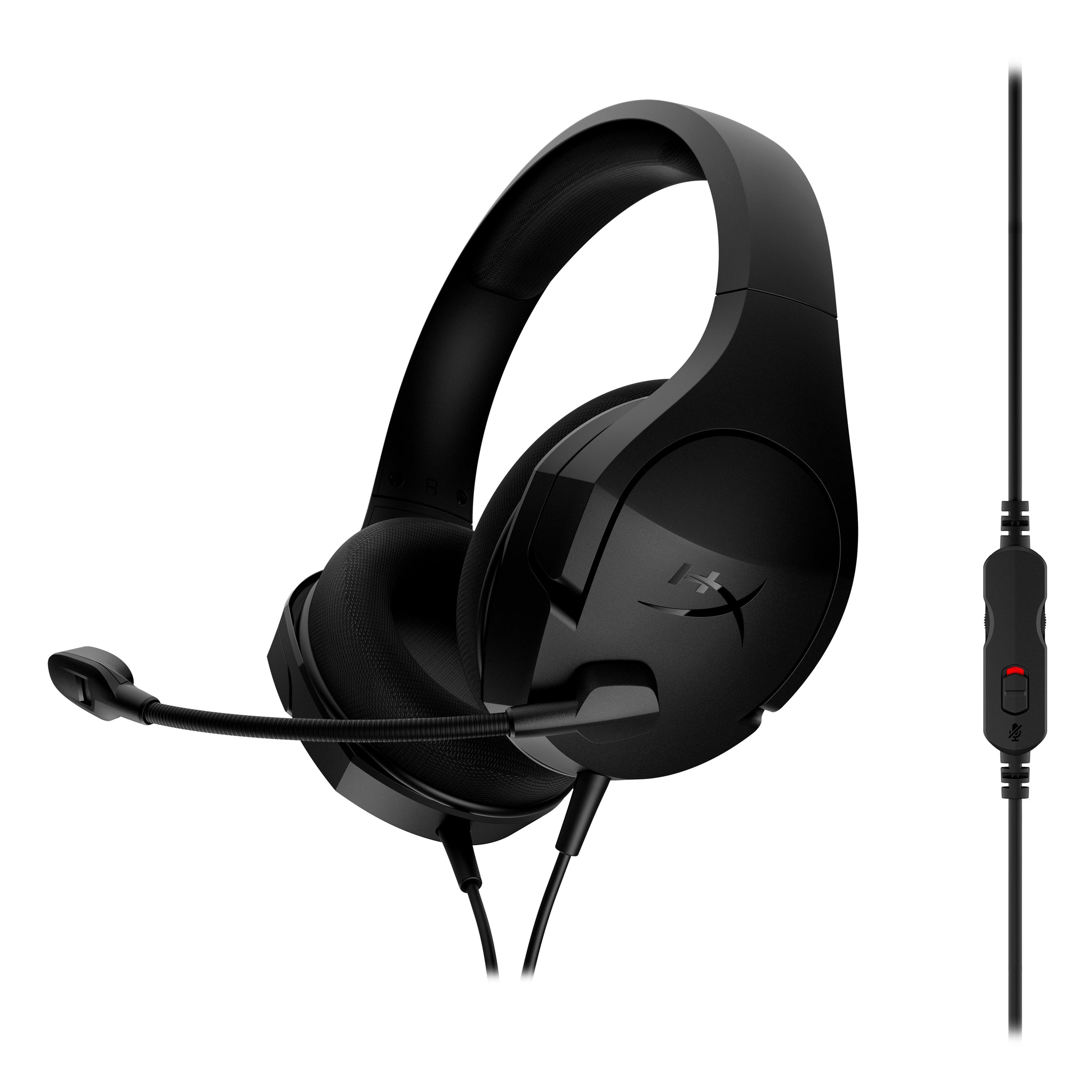 HyperX Cloud Stinger Core Gaming Headset  displaying the front left hand side featuring the swivel to mute mic and in-line audio controls