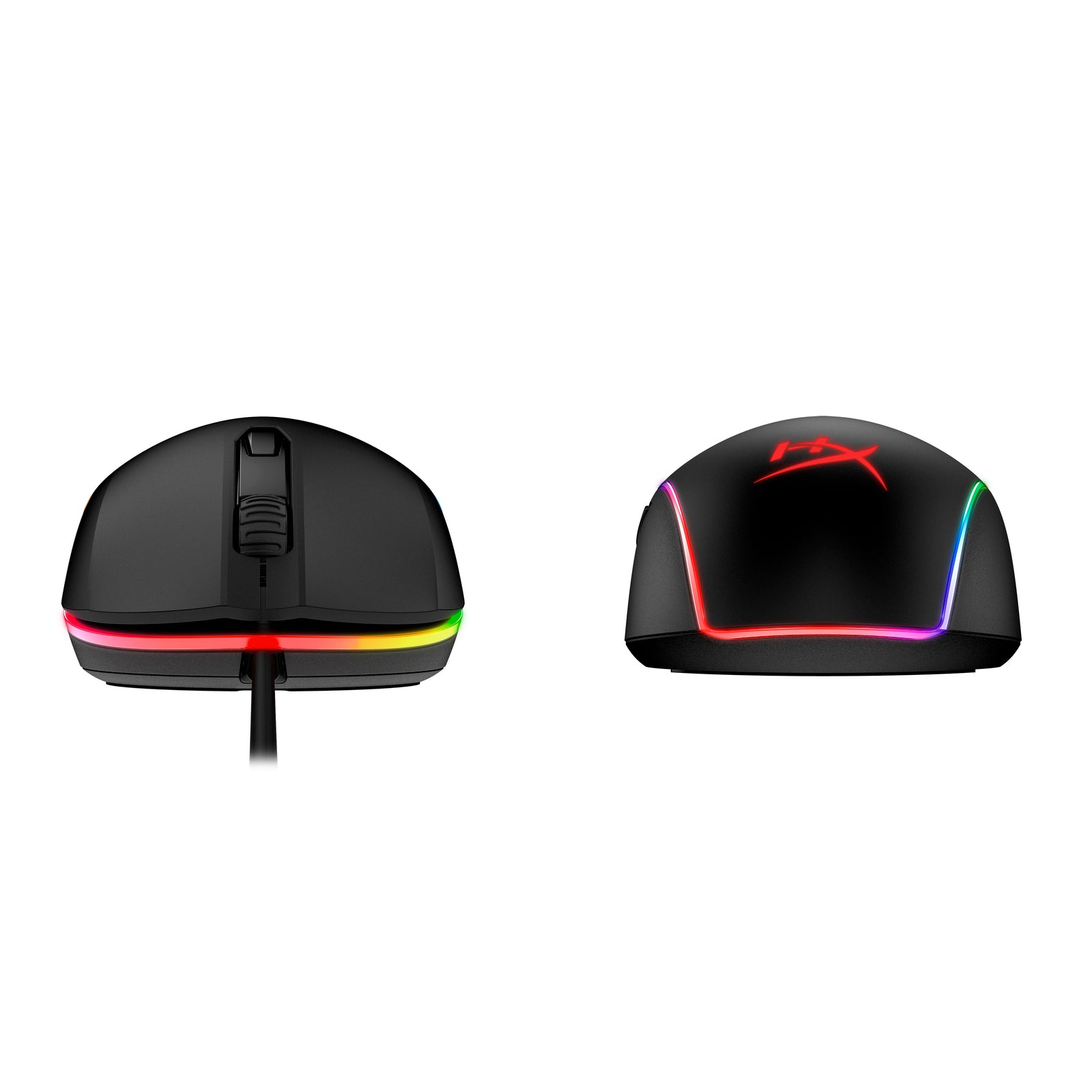 HyperX Pulsefire Surge Gaming Mouse showing both back and front sides with RGB on