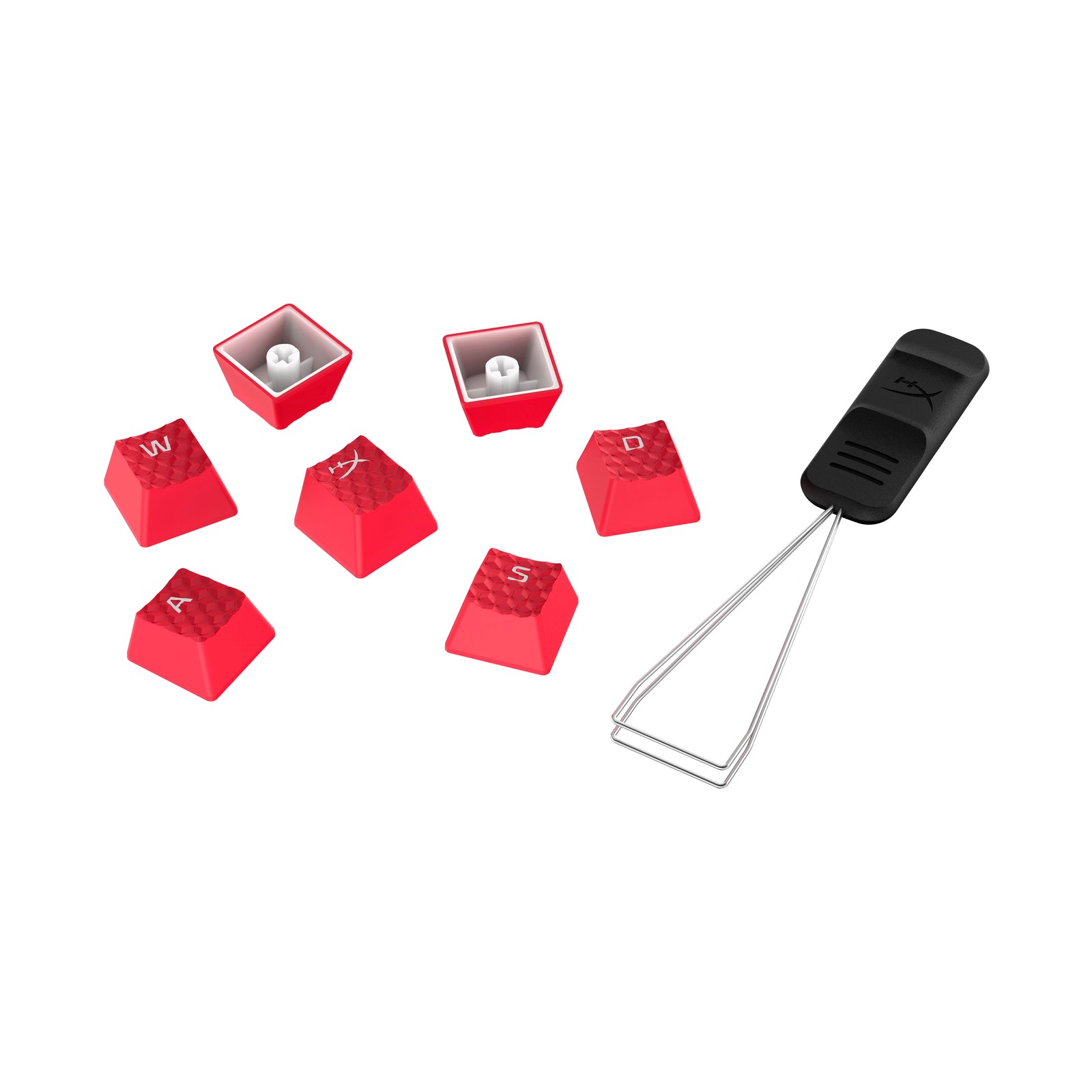 scattered view of HyperX rubber keycaps in red with keycap removal tool